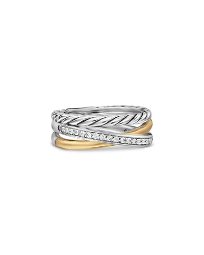 Crossover Three Row Ring Sterling Silver with 18K Yellow Gold and Diamonds, 7mm