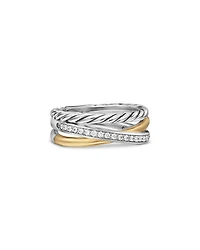 Crossover Three Row Ring Sterling Silver with 18K Yellow Gold and Diamonds, 7mm