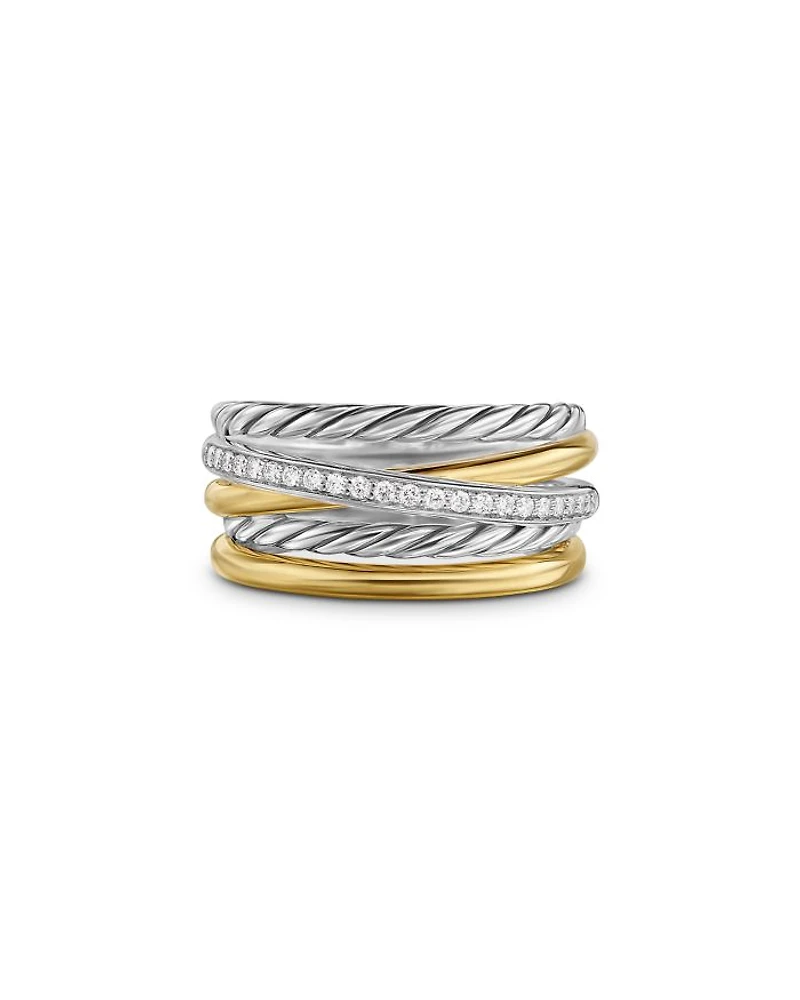 Crossover Five Row Ring Sterling Silver with 18K Yellow Gold and Diamonds, 11mm