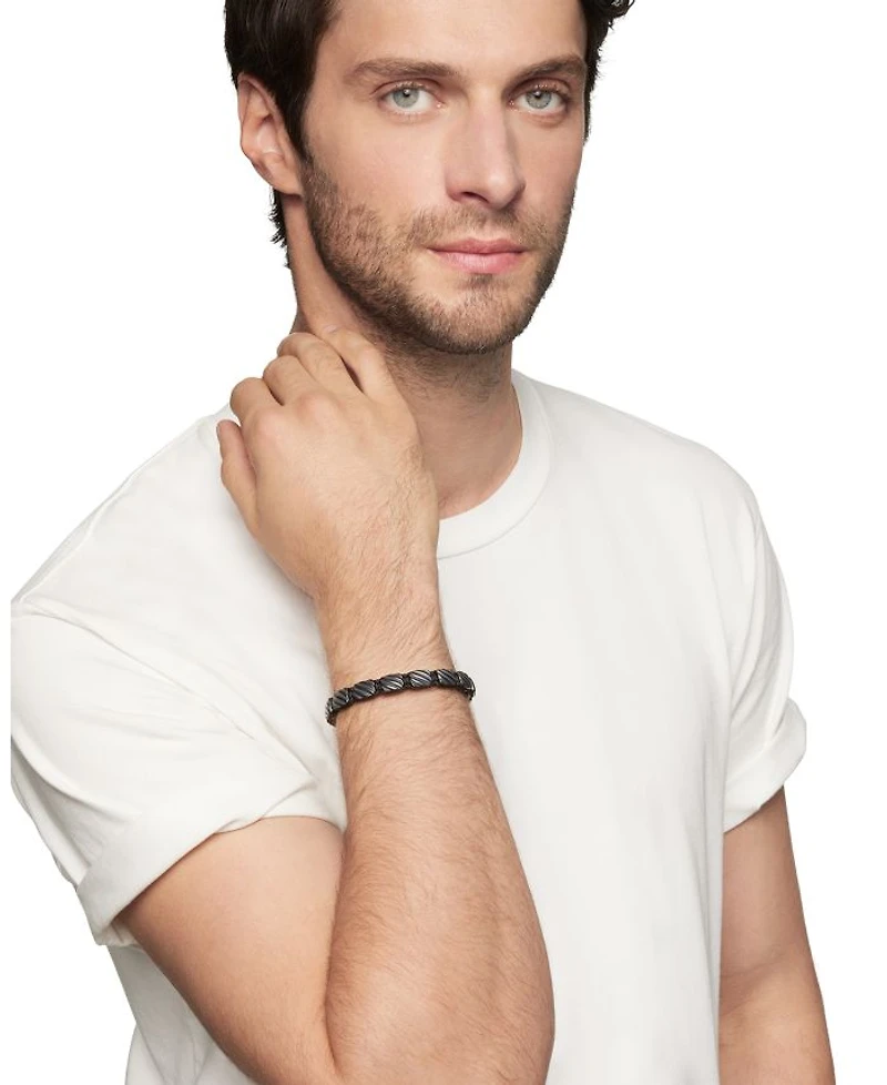 Men's Sculpted Cable Woven Tile Bracelet Black Titanium with Sterling Silver and Nylon, 8.5mm