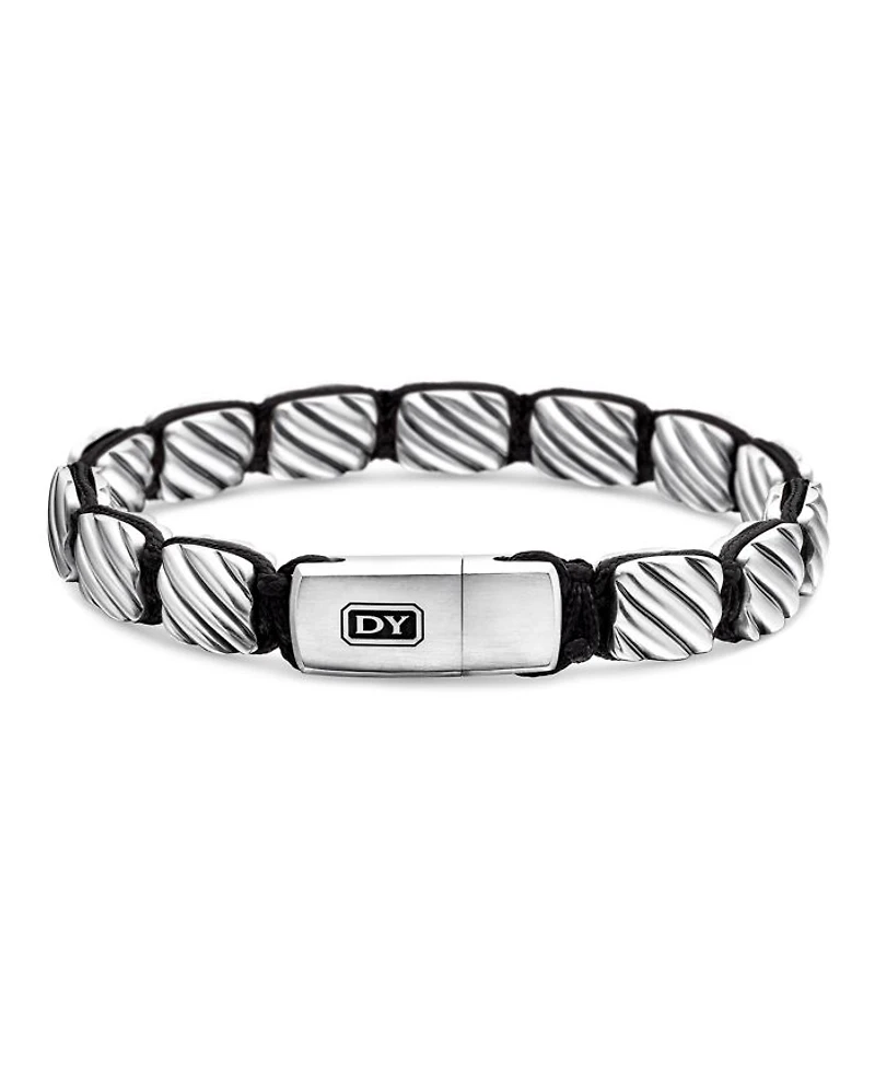 Men's Sculpted Cable Woven Tile Bracelet with Sterling Silver and Black Nylon, 8.5mm