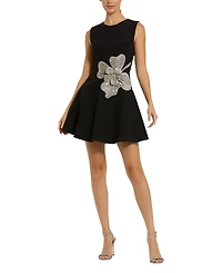 Mac Duggal Crepe Sleeveless Rhinestone Flower Detail Mini Dress