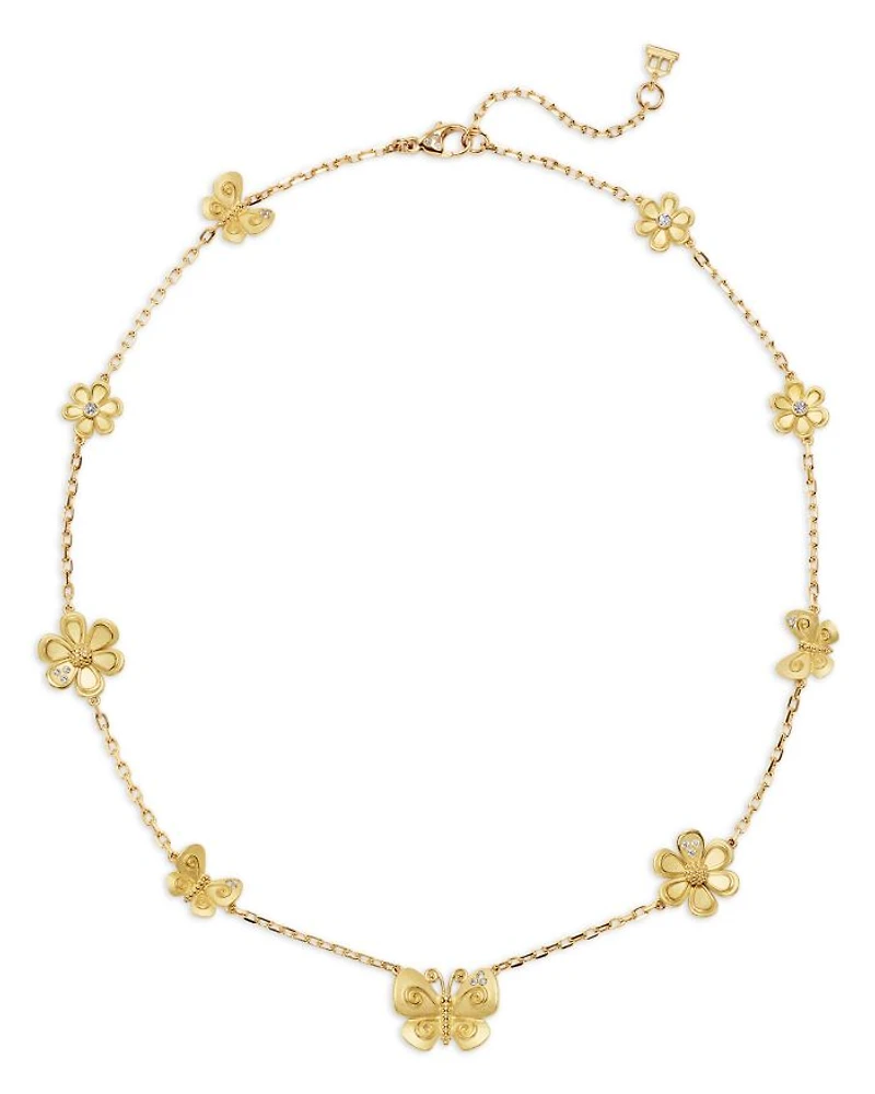 18K Yellow Gold FJ Diamond Butterfly & Flower Collar Necklace, 16-18"