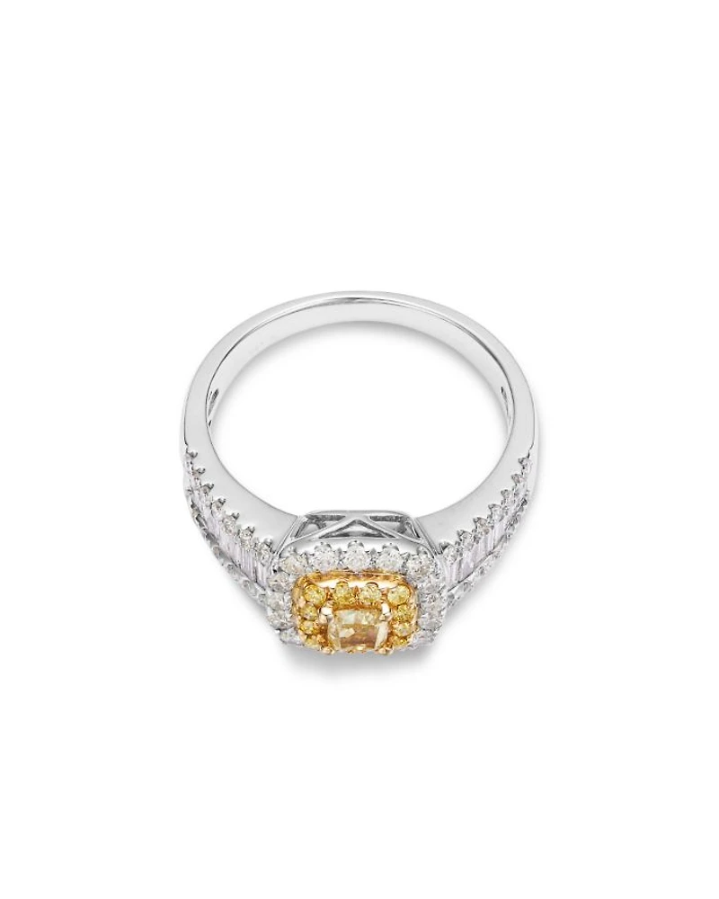 White & Yellow Diamond Cushion & Round Halo Ring in 14K Yellow & White Gold, 1.3 tcw