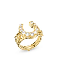 18K Yellow Gold FJ Moonstone & Diamond Horseshoe & Flower Ring