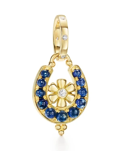 18K Yellow Gold FJ Blue Sapphire & Diamond Horseshoe Flower Pendant