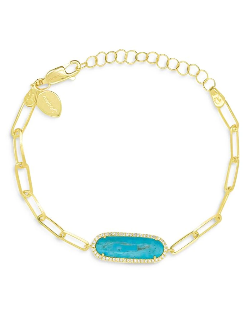 14K Yellow Gold Turquoise & Diamond Paperclip Link Bracelet