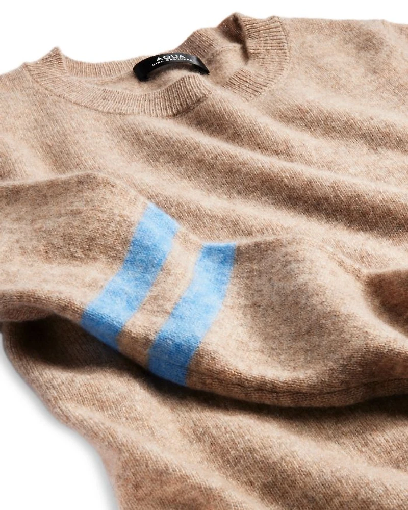 Girls' Stripe Sleeve Cashmere Pullover Crewneck Sweater, Big Kid - Exclusive