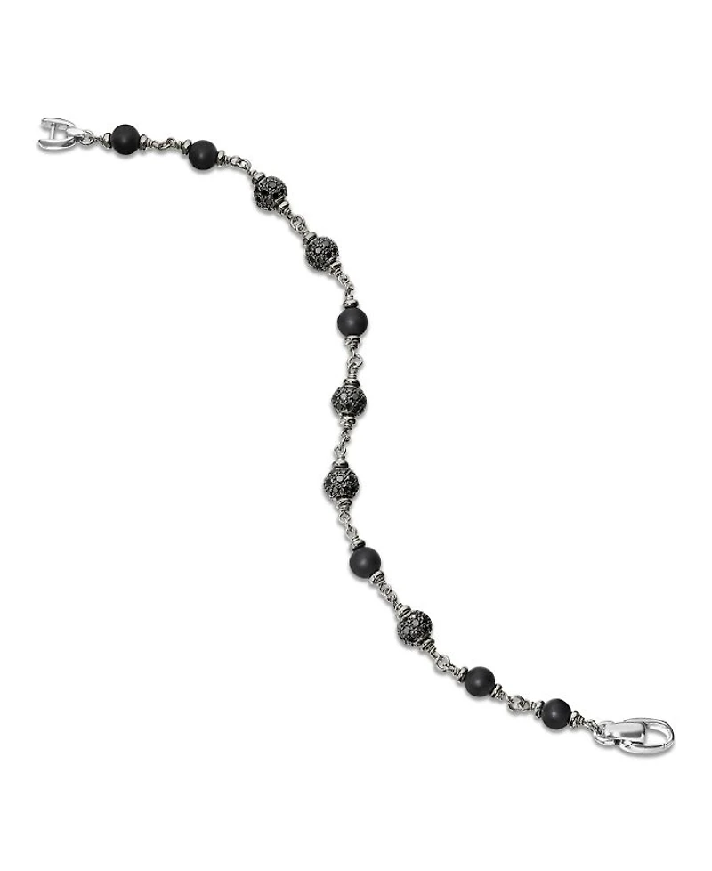 Men's Spiritual Beads Onyx & Black Diamond Pavé Rosary Style Bracelet in Sterling Silver