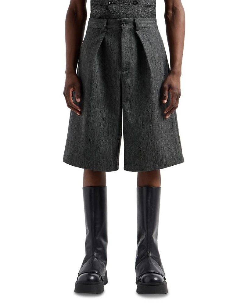 Wool Heavy Mouliné Chevron Jacquard Oversized Fit Pleated Bermuda Shorts