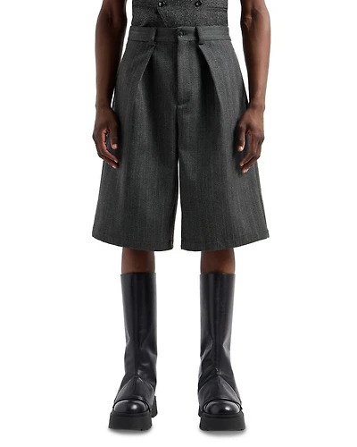 Wool Heavy Mouliné Chevron Jacquard Oversized Fit Pleated Bermuda Shorts