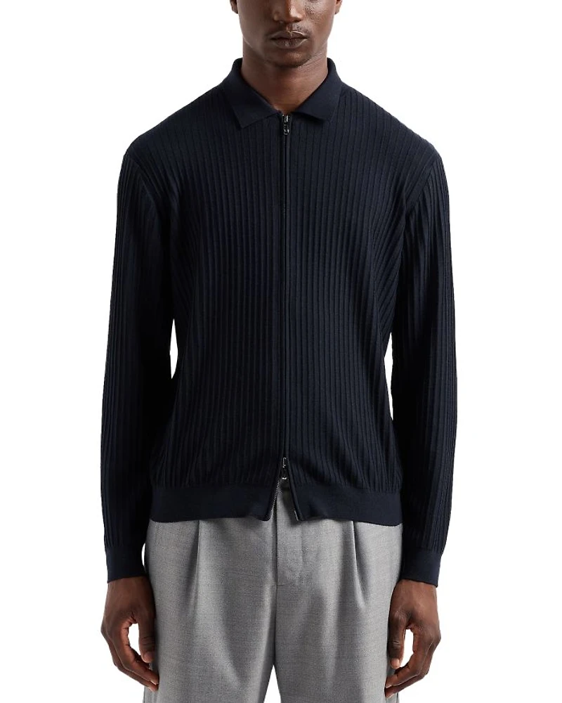 Travel Essentials Wool Ribbed Effect Full Zip Polo Cardigan