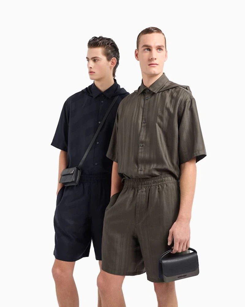 Chevron Patterned Hooded Short Sleeve Button Down Shirt