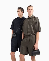 Chevron Patterned Hooded Short Sleeve Button Down Shirt