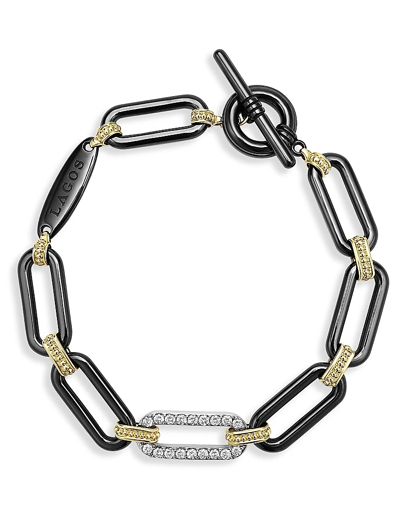 Lagos 18K Yellow Gold & Black Ceramic Diamond Station Link Bracelet