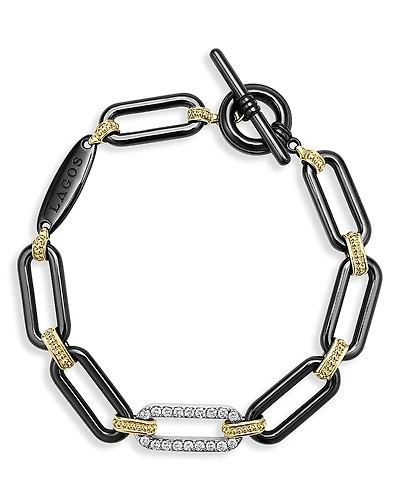 Lagos 18K Yellow Gold & Black Ceramic Diamond Station Link Bracelet