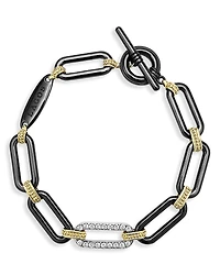 Lagos 18K Yellow Gold & Black Ceramic Diamond Station Link Bracelet