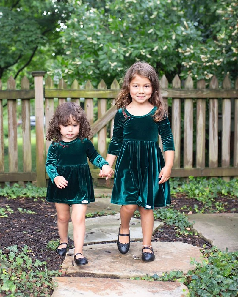Girls' Holiday Twirly Dress Emerald Stretch Velvet - Little Kid, Big Kid