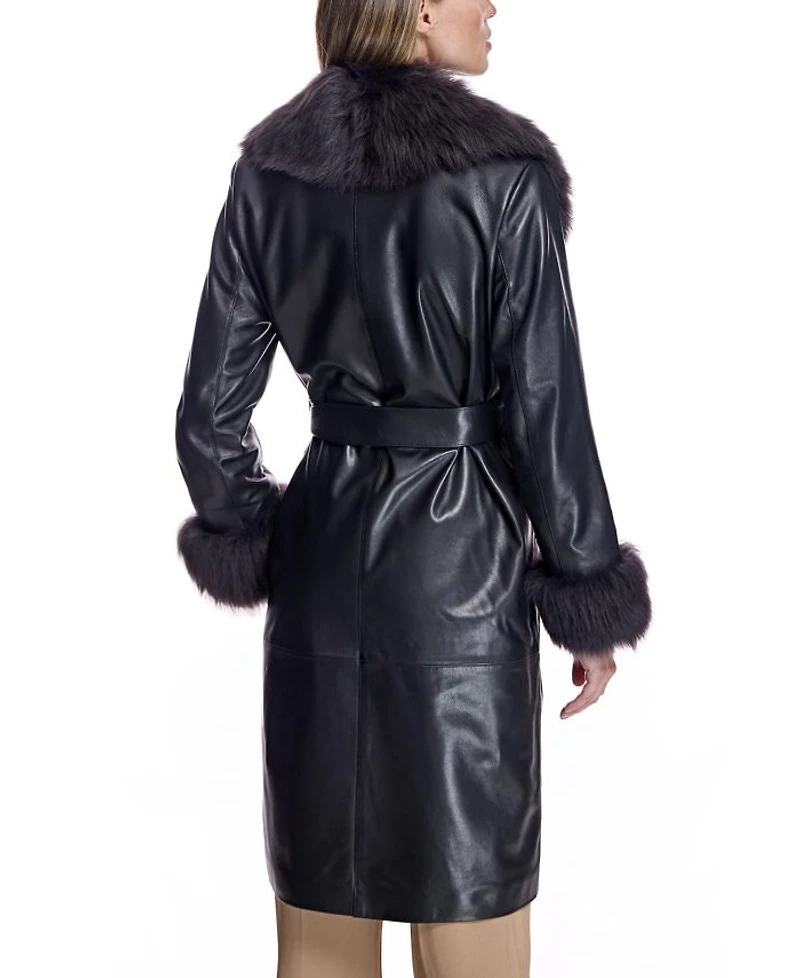 Leather Coat with Shearling Trim