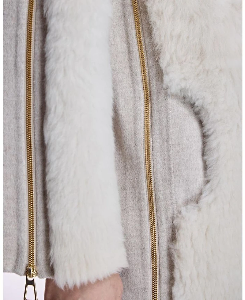 Mixed-Media Shearling Coat With Zipper Trim