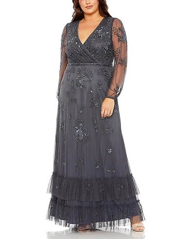 Mac Duggal Plus Puff Sleeve V-Neck Tiered Embellished Gown
