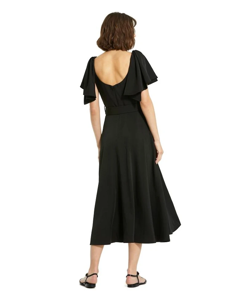 Crepe Ruffle Sleeve Belted Midi Dress