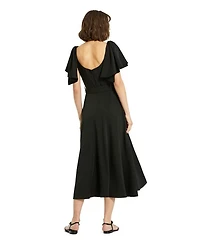 Crepe Ruffle Sleeve Belted Midi Dress