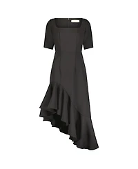 Crepe 3/4 Sleeve Asymmetrical Hem Belted Dress