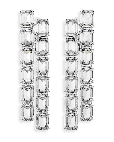 Millenia Octagon Crystal Clip On Linear Drop Earrings in Rhodium Plated