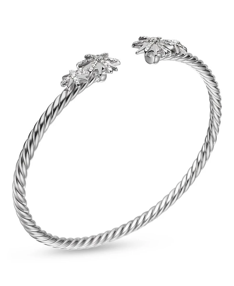 Sterling Silver Starburst Cable Bangle Bracelet with Diamonds