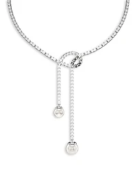 Matrix Crystal & Imitation Pearl Lariat Necklace in Rhodium Plated, 14.12"-16.12"