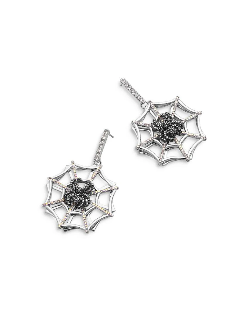 Web Struck Pavé Spiderweb Drop Earrings in Silver Tone