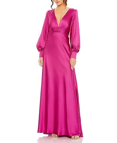 Mac Duggal Charmeuse Bishop Sleeve V Neck Gown