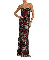 Mac Duggal Sheer Bustier Top Floral Applique Gown