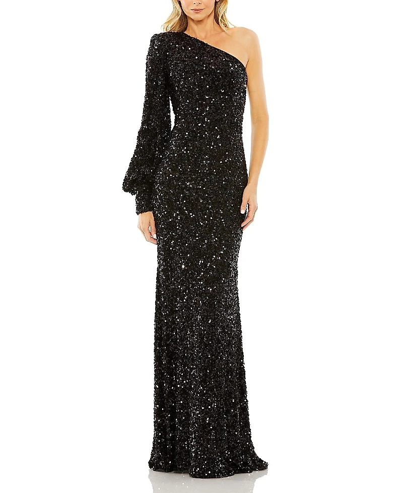 Mac Duggal Sequined One Shoulder Bishop Sleeve Trumpet Gown