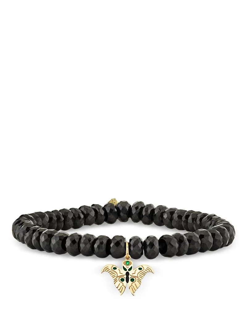 Wicked x Sydney Evan 14K Yellow Gold Black Spinel & Emerald Enamel Moth Charm Bracelet