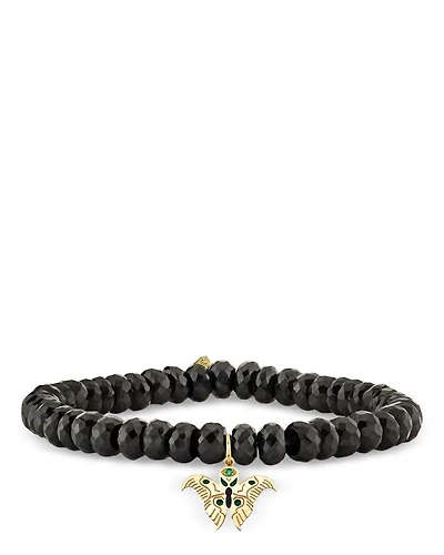 Wicked x Sydney Evan 14K Yellow Gold Black Spinel & Emerald Enamel Moth Charm Bracelet