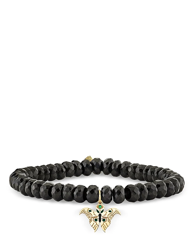 Sydney Evan Wicked x Sydney Evan 14K Yellow Gold Black Spinel & Emerald Enamel Moth Charm Bracelet