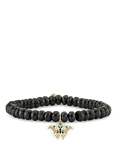 Sydney Evan Wicked x Sydney Evan 14K Yellow Gold Black Spinel & Emerald Enamel Moth Charm Bracelet
