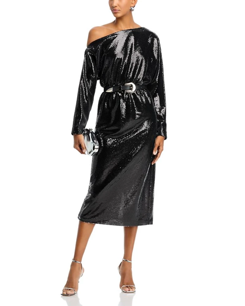 Sequined One Shoulder Midi Dress