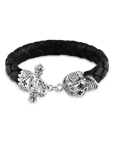 Men's Sterling Silver Sugar Skull Woven Leather Bracelet