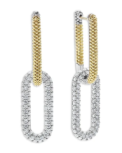 18K Yellow Gold & Silver Caviar Lux-Clip Diamond Link Drop Earrings