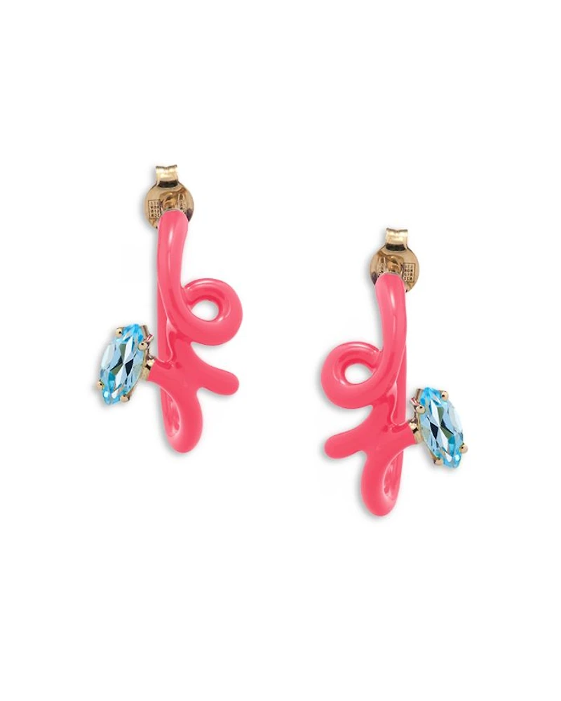 9K Yellow Gold & Sterling Silver You're So Vine Blue Topaz Pink Hoop Earrings