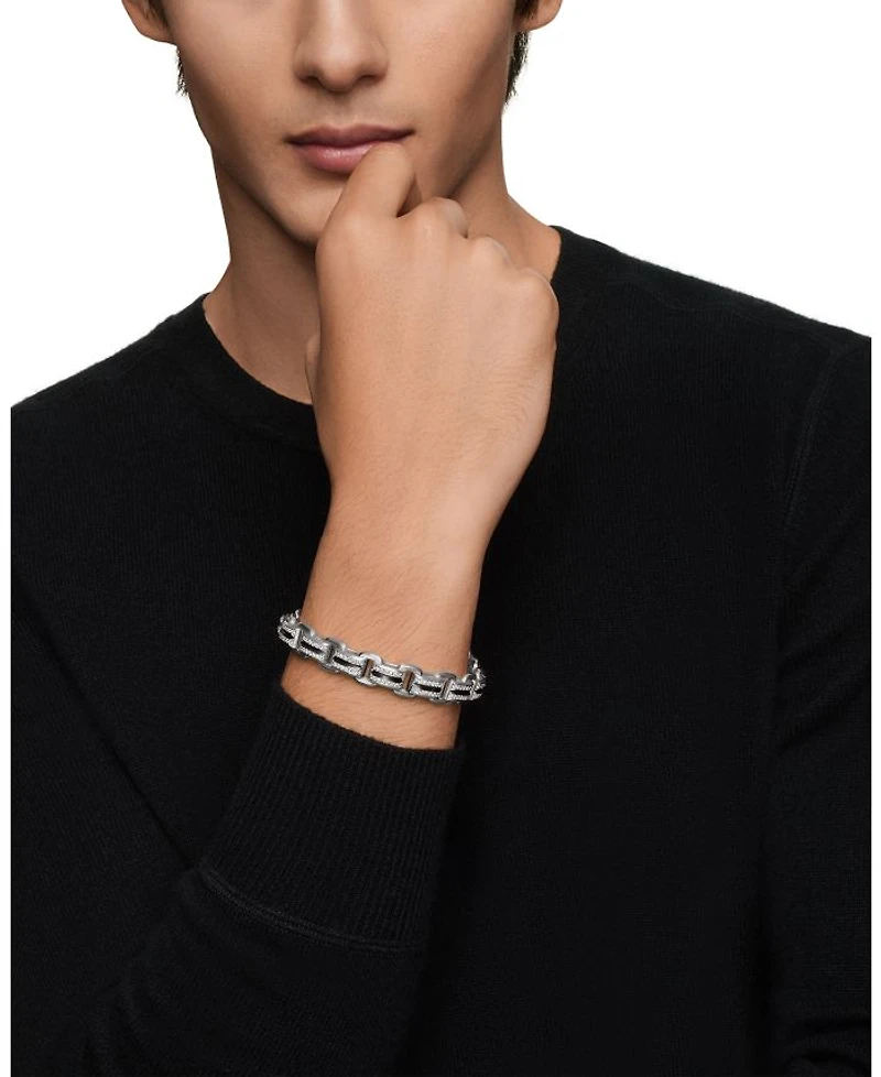 Men's Sterling Silver Deco Diamond Pavé Beveled Link Bracelet