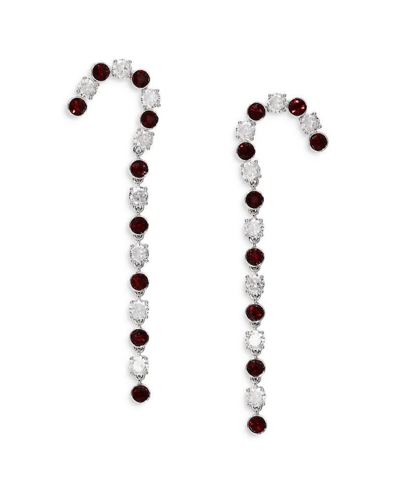 Holi-Daze Cubic Zirconia & Color Crystal Candy Cane Linear Drop Earrings in Rhodium Plated