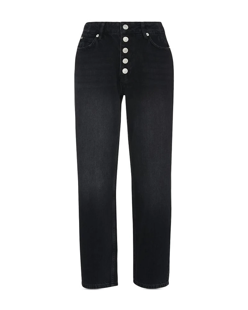 Hollie Button Front High Rise Cropped Straight Jeans Black