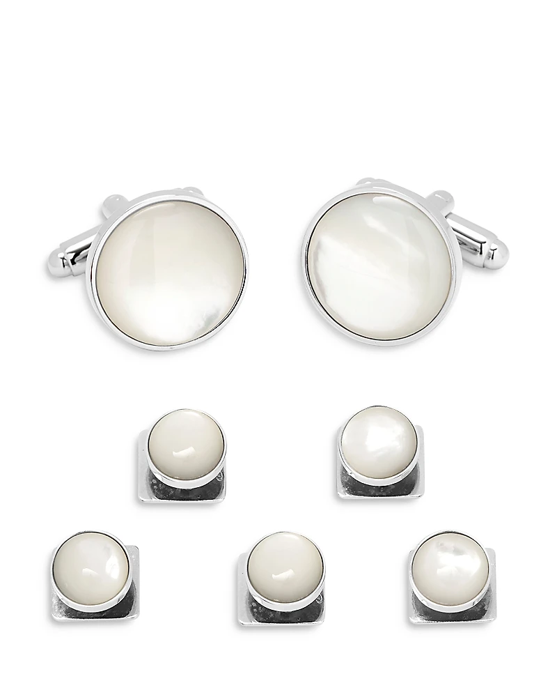 Ox and Bull Trading Co. Mother of Pearl Inlay Rhodium Plated Round Stud & Cufflink Set