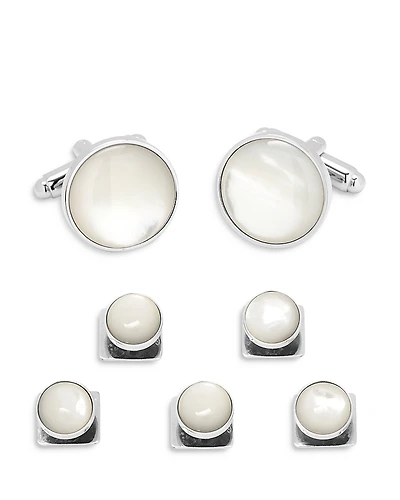 Ox and Bull Trading Co. Mother of Pearl Inlay Rhodium Plated Round Stud & Cufflink Set