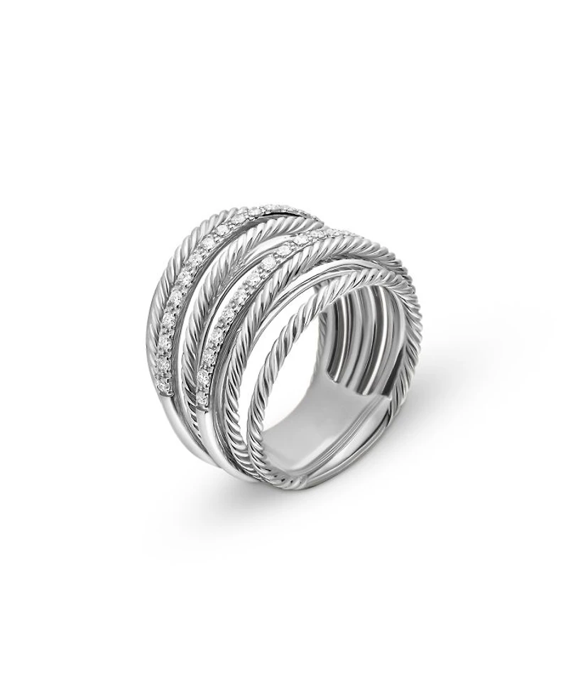Sterling Silver Crossover Wide Ring with Diamonds
