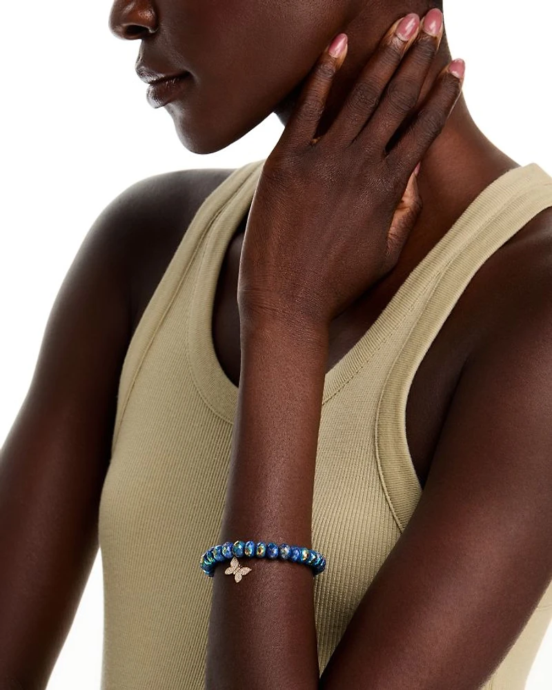 Pavé Diamond Butterfly Charm Lapis Beaded Bracelet